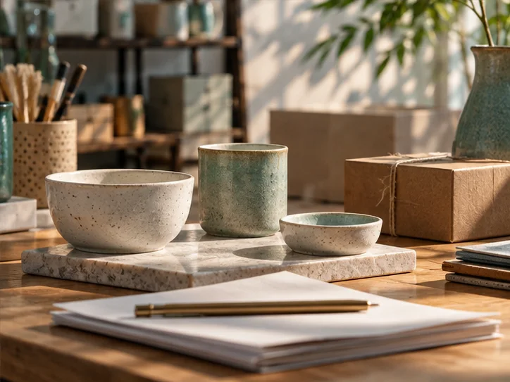 产品设计工作室的陶瓷和包装样品，旁边只有少量业务记录，账务支持产品经营的关系明确