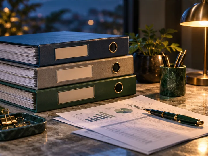 不同厚度的月度档案盒、几页轻薄报表与一支金属笔，放在石材台面上，以光影而非文字解释整理