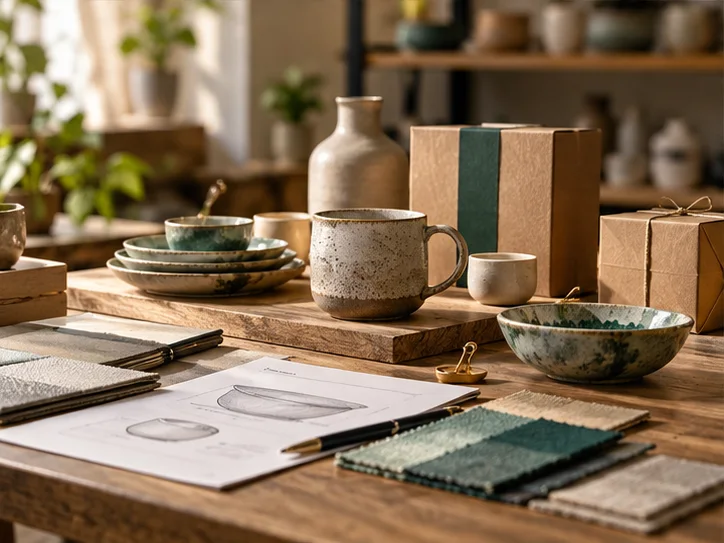 产品设计工作室的陶瓷和包装样品，旁边只有少量业务记录，账务支持产品经营的关系明确