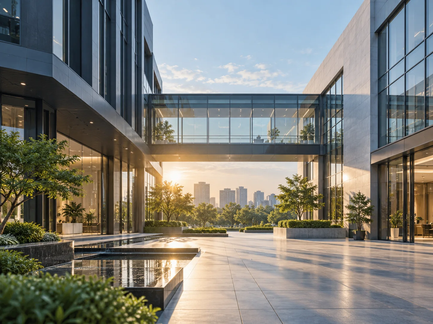 两翼不同材质的建筑通过通透廊桥相连,体量真实克制,以空间关系表达调整与协同