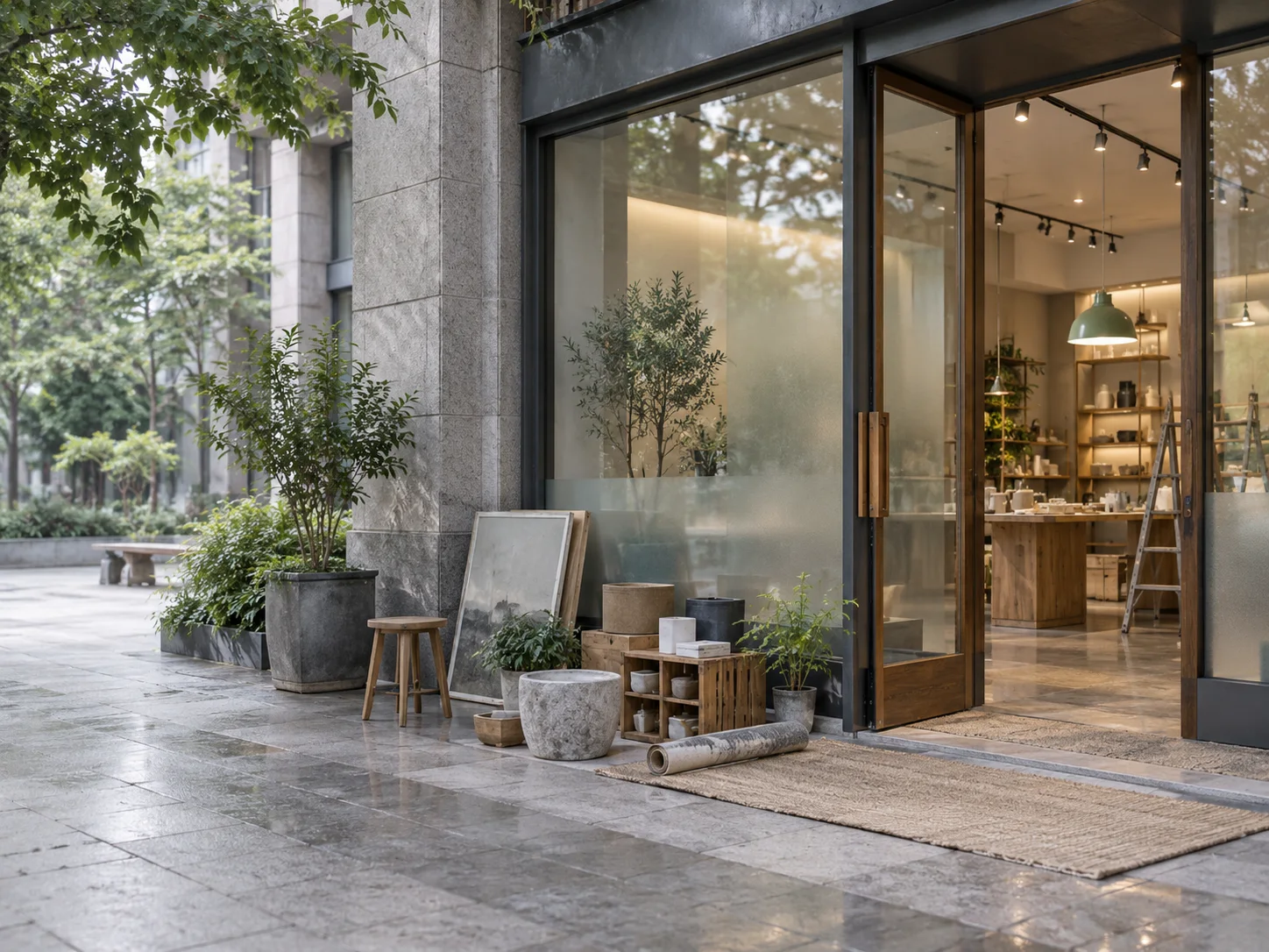 有石材门庭与磨砂玻璃的沿街商业空间,前景可见待布置的展示样品