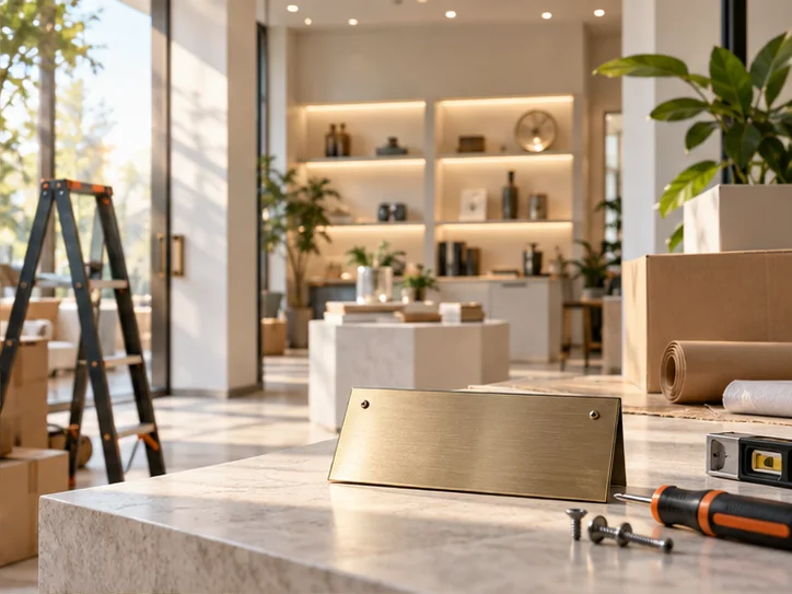 新工作室的样品展示墙刚布置好，未安装的空白门牌与工具放在前景，表达搬迁更新