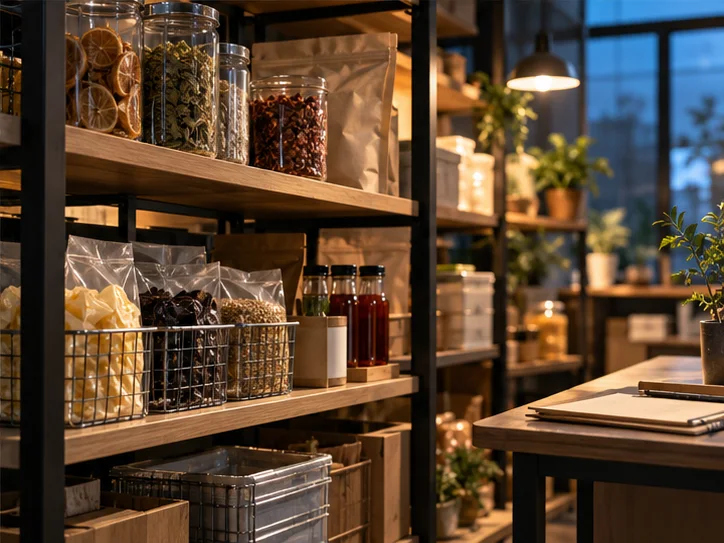 干净的产品样品与分类存储空间,细致的货架、空白资料记录,表现业务条件梳理