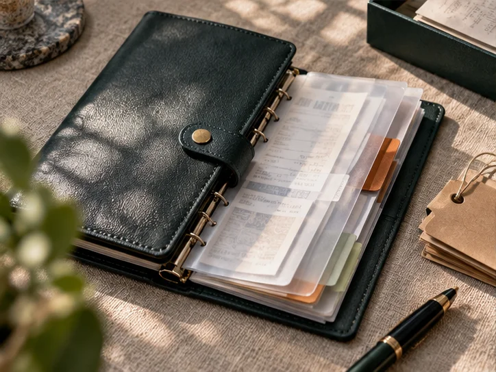 皮革册页、半透明凭证隔页和少量实物产品标签，表现业务记录与核算之间的联系