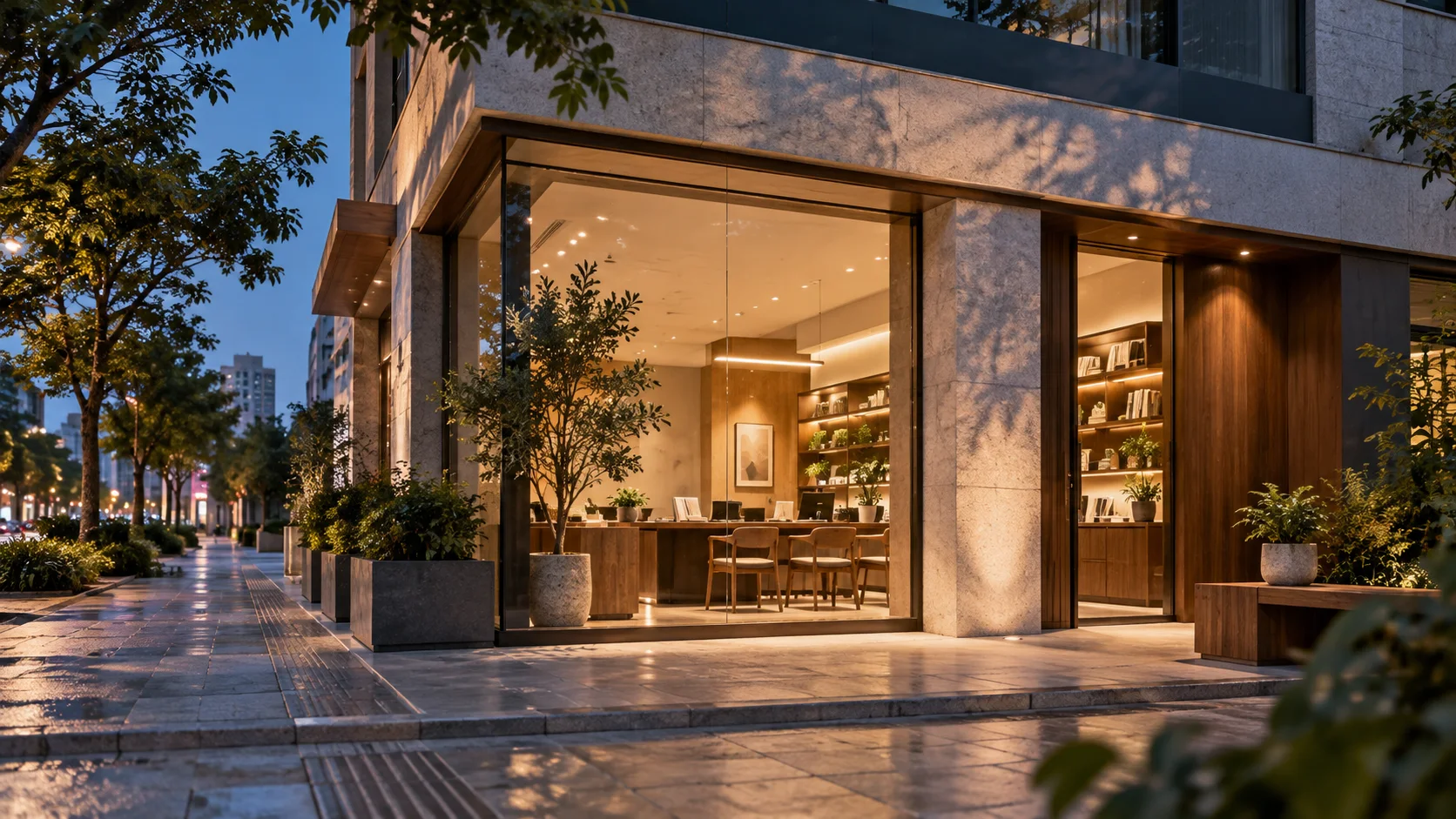 通透的现代街角独立店铺,石材门廊框住温暖的陈列空间,经营日常已从容展开