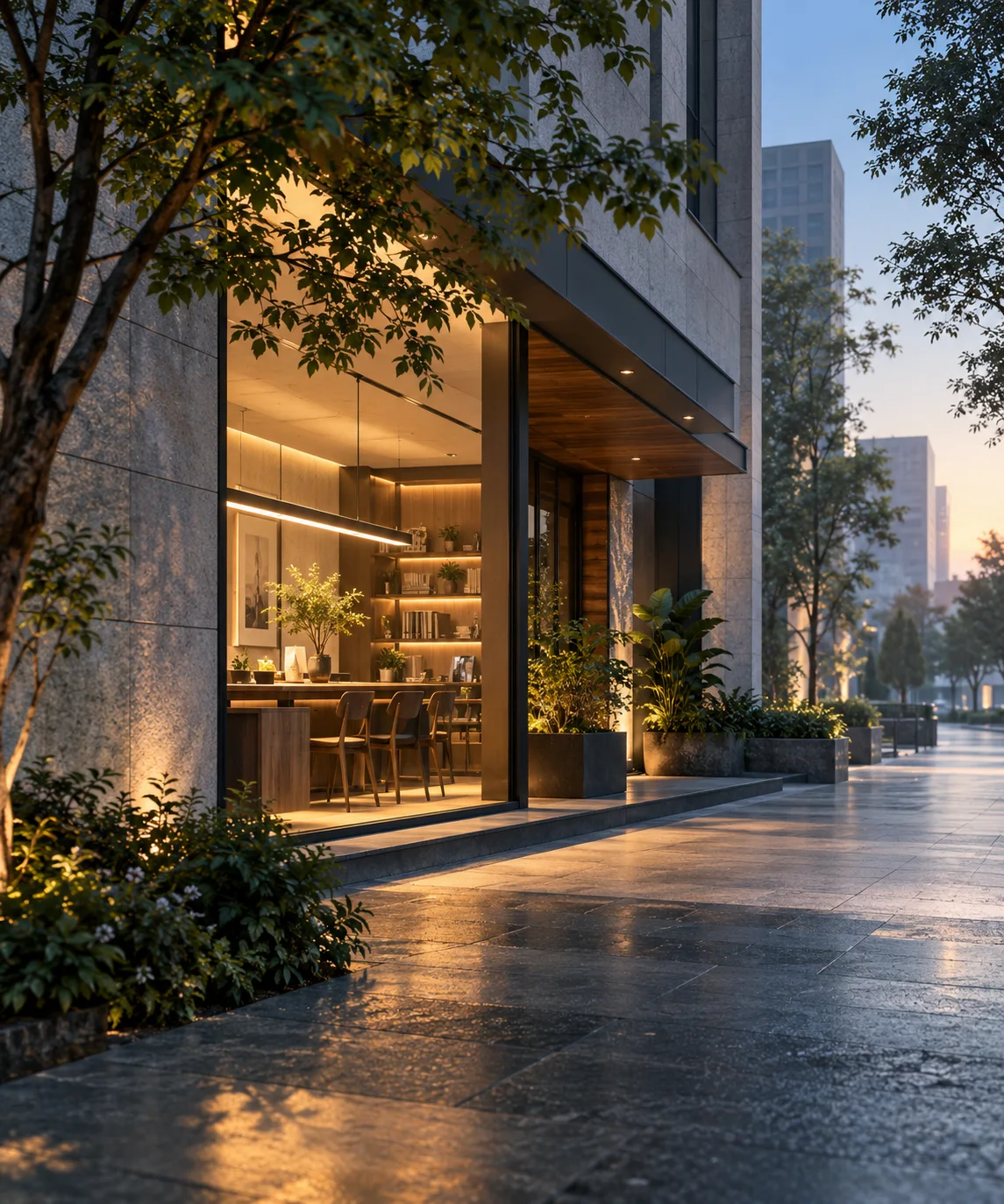 晨间商业建筑的侧立面，精心布置的橱窗成为小范围暖色焦点，前景树影与材质细节丰富