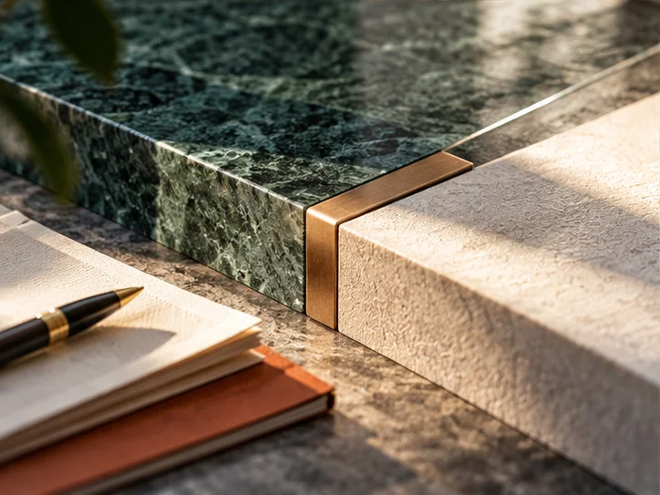 两片不同纹理的实体材料精准对接，旁边少量无字资料，表达变更事务的细节衔接