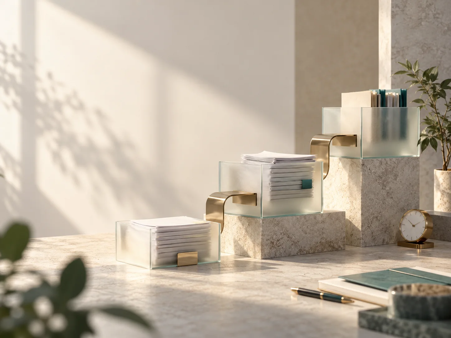 三组薄纸与磨砂玻璃盒形成有序的错层构成,中间真实金属桥接件体现日常账务归集