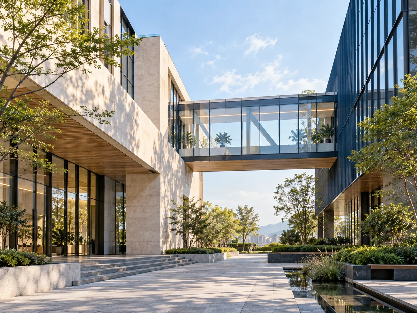 两翼不同材质的建筑通过通透廊桥相连,体量真实克制,以空间关系表达调整与协同