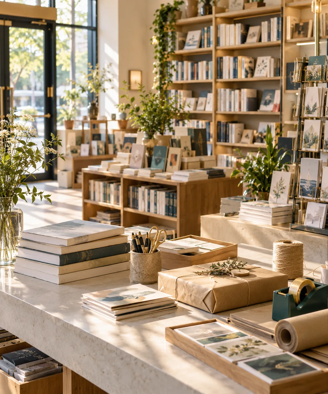 小型图书与文创门店的货架和包装区,书脊无可读文字,表现经营条件准备