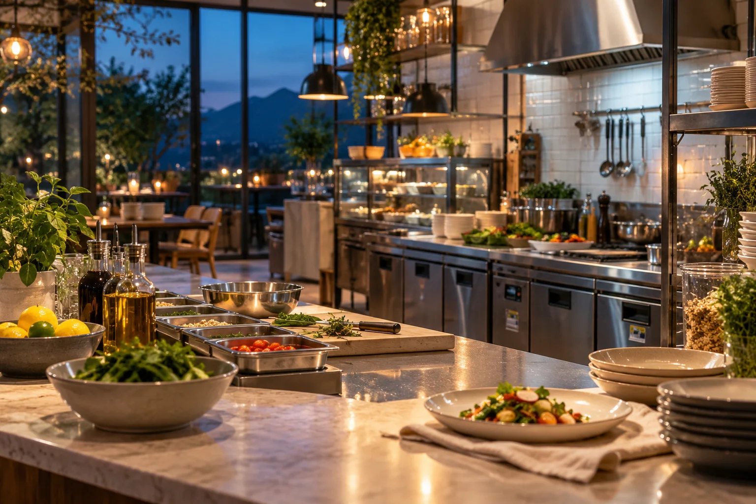 食品经营筹备中的精品轻餐空间,不锈钢操作台、釉面砖、玻璃器皿和清楚的分区