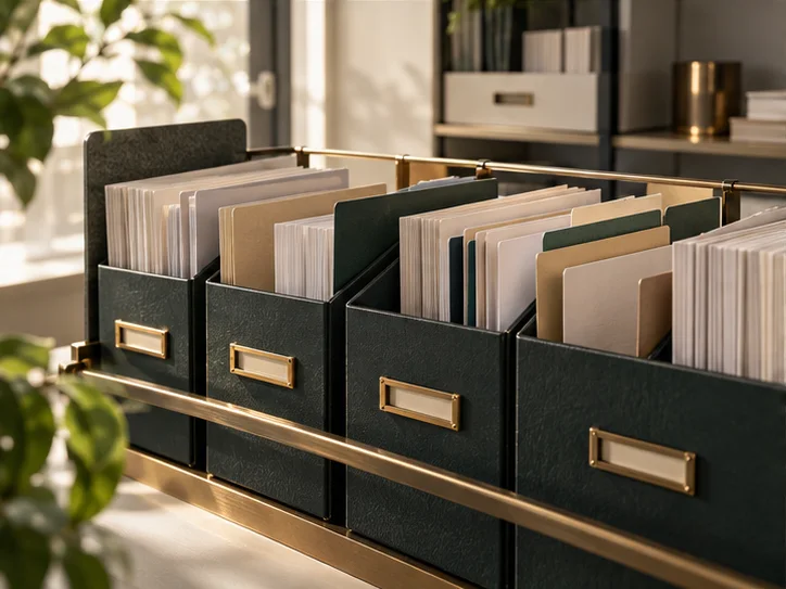 同一企业档案空间中，股东及相关人员的无字资料按事项重新分组，档案架与记录卡有清楚关系