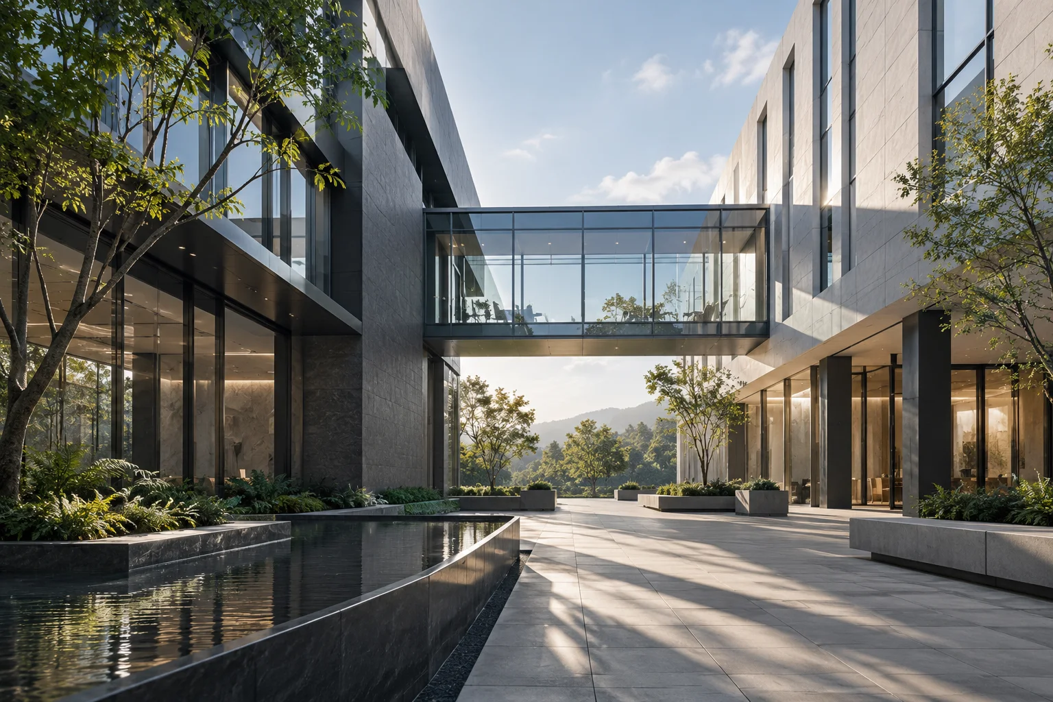 两翼不同材质的建筑通过通透廊桥相连，体量真实克制，以空间关系表达调整与协同