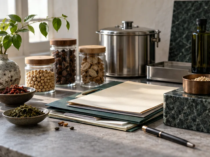 一组食品器物、设备材料与资料封套组成精细静物装置，禁止证书印章和获批勾号
