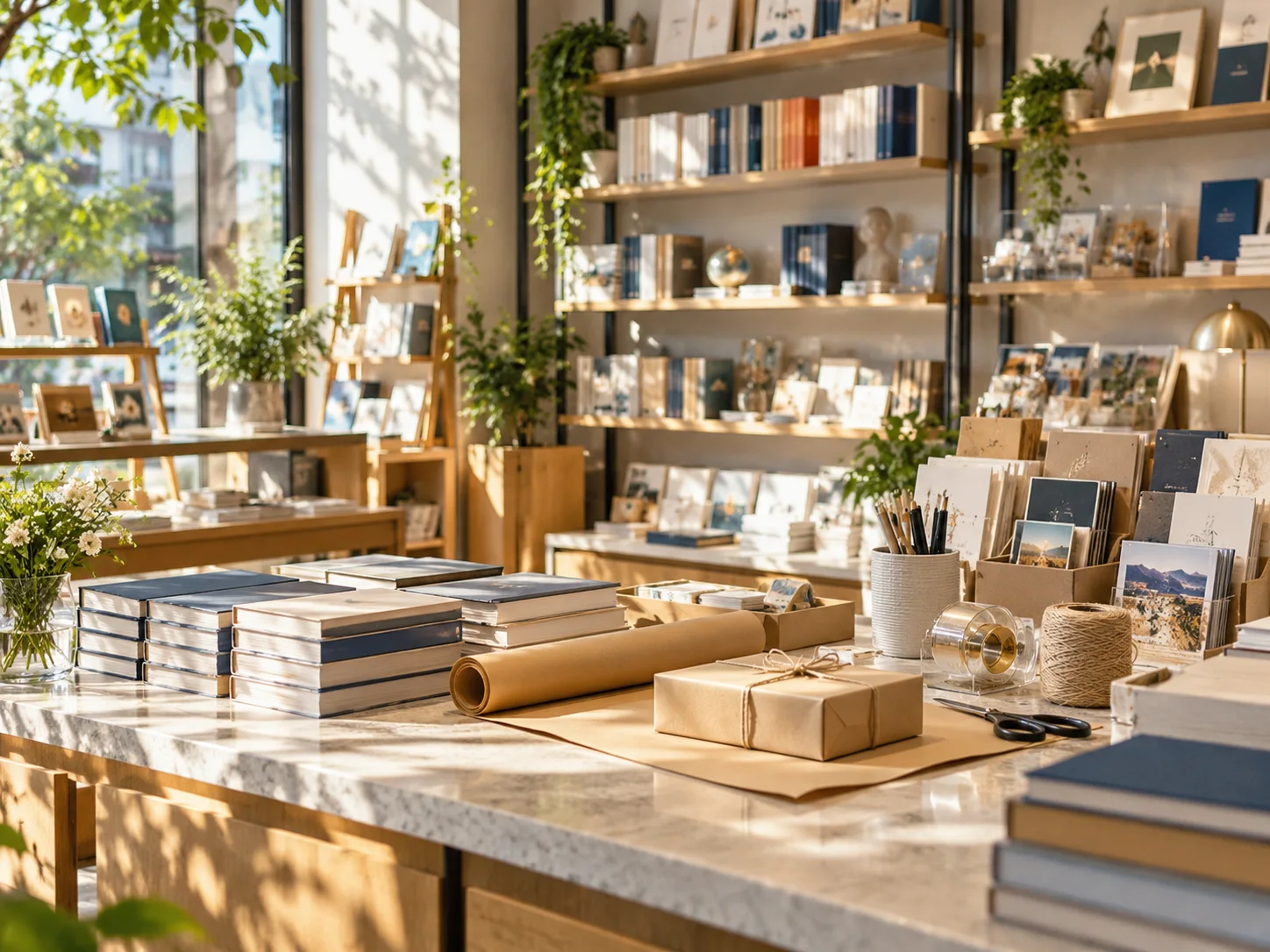 小型图书与文创门店的货架和包装区，书脊无可读文字，表现经营条件准备