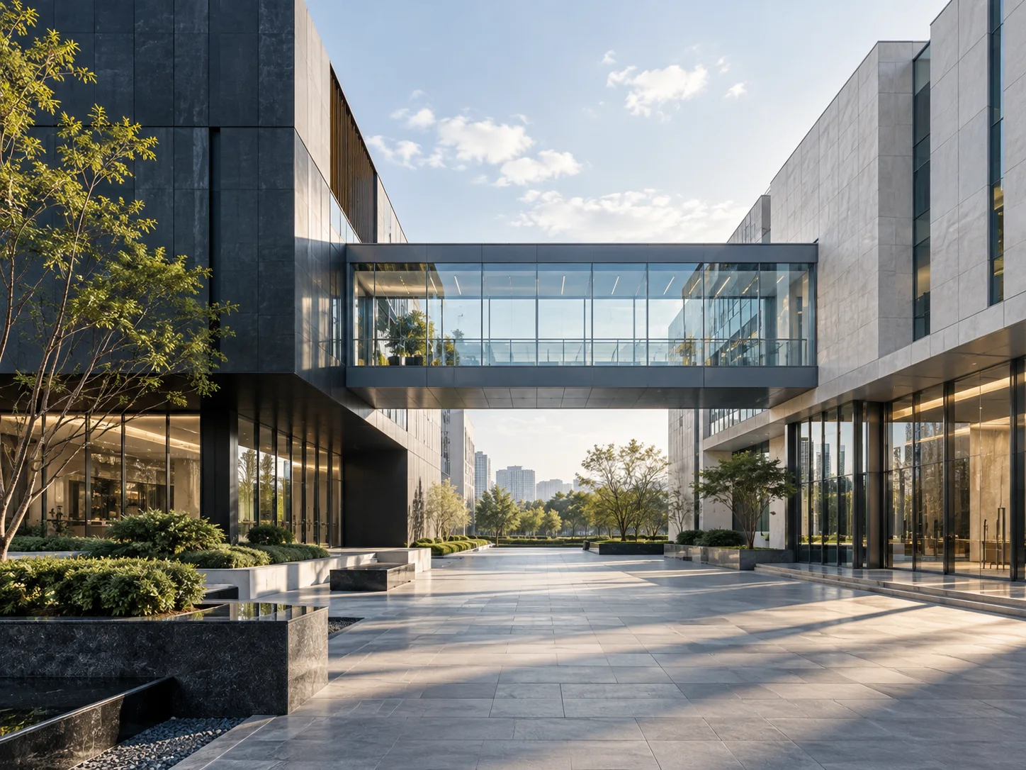 两翼不同材质的建筑通过通透廊桥相连,体量真实克制,以空间关系表达调整与协同