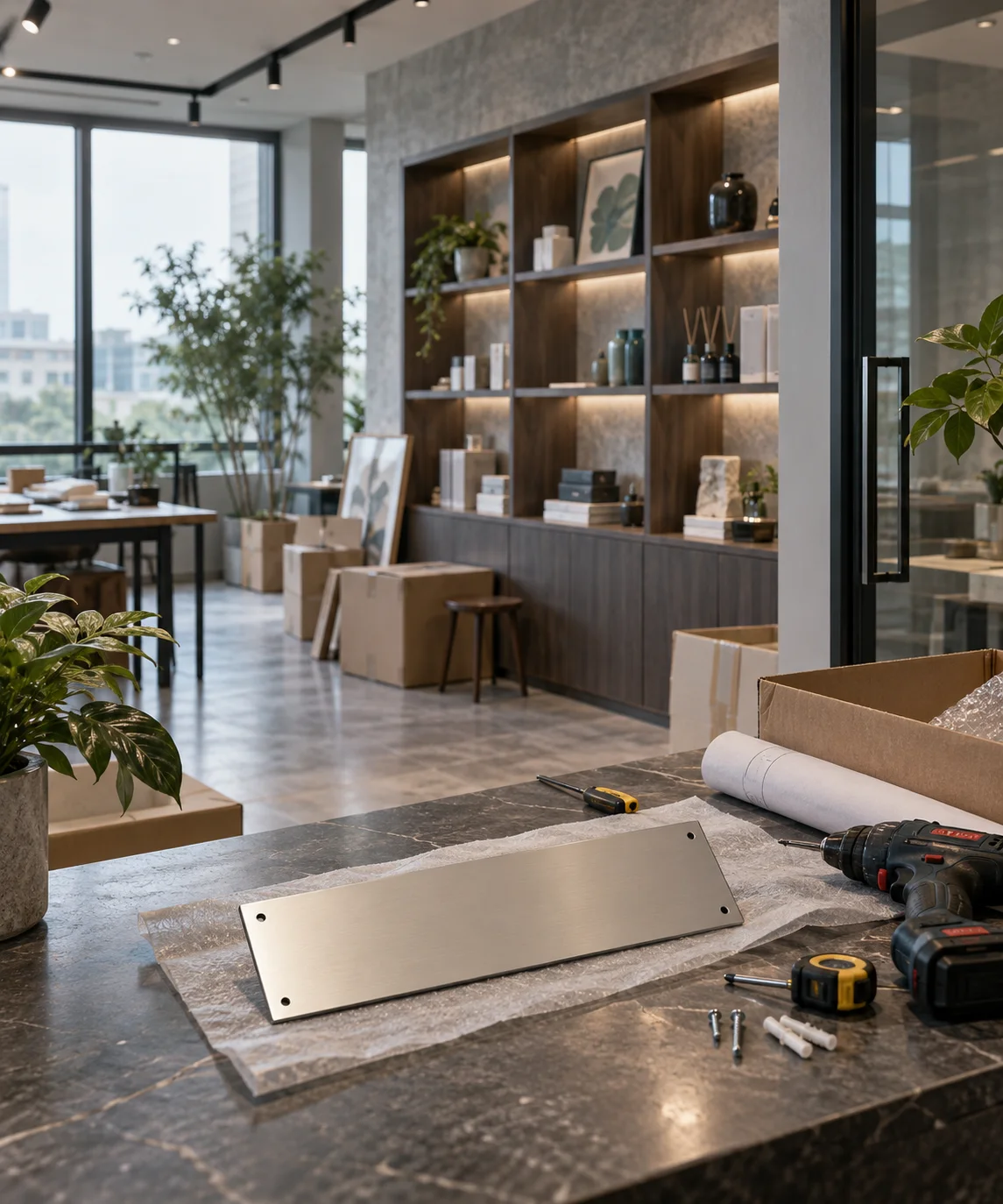 新工作室的样品展示墙刚布置好，未安装的空白门牌与工具放在前景，表达搬迁更新