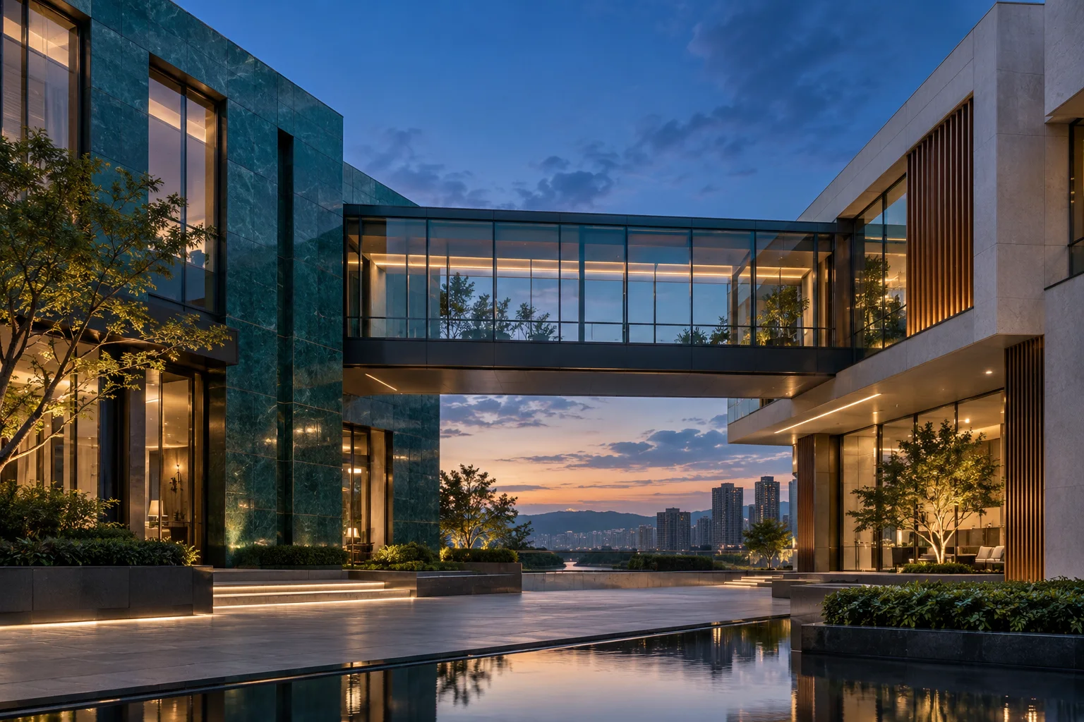 两翼不同材质的建筑通过通透廊桥相连,体量真实克制,以空间关系表达调整与协同