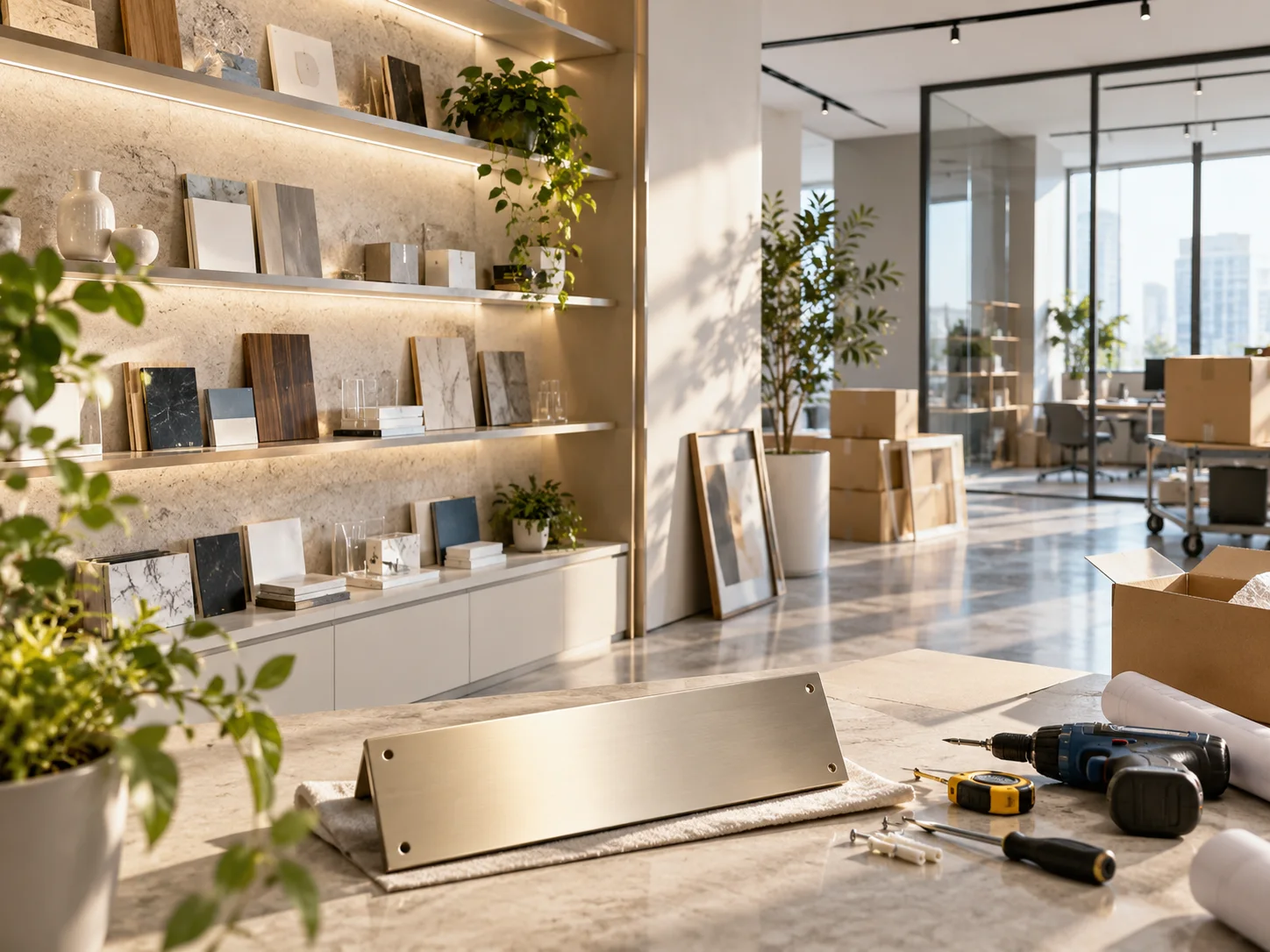 新工作室的样品展示墙刚布置好，未安装的空白门牌与工具放在前景，表达搬迁更新