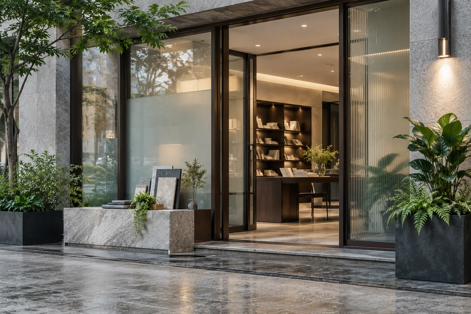 有石材门庭与磨砂玻璃的沿街商业空间，前景可见待布置的展示样品