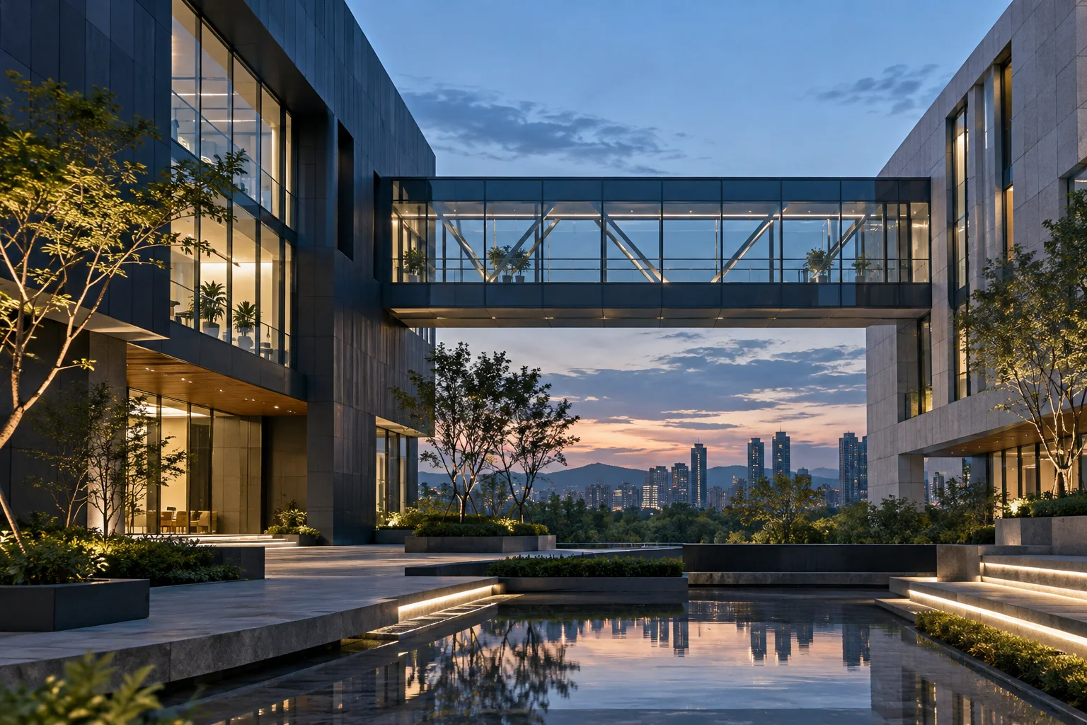 两翼不同材质的建筑通过通透廊桥相连，体量真实克制，以空间关系表达调整与协同