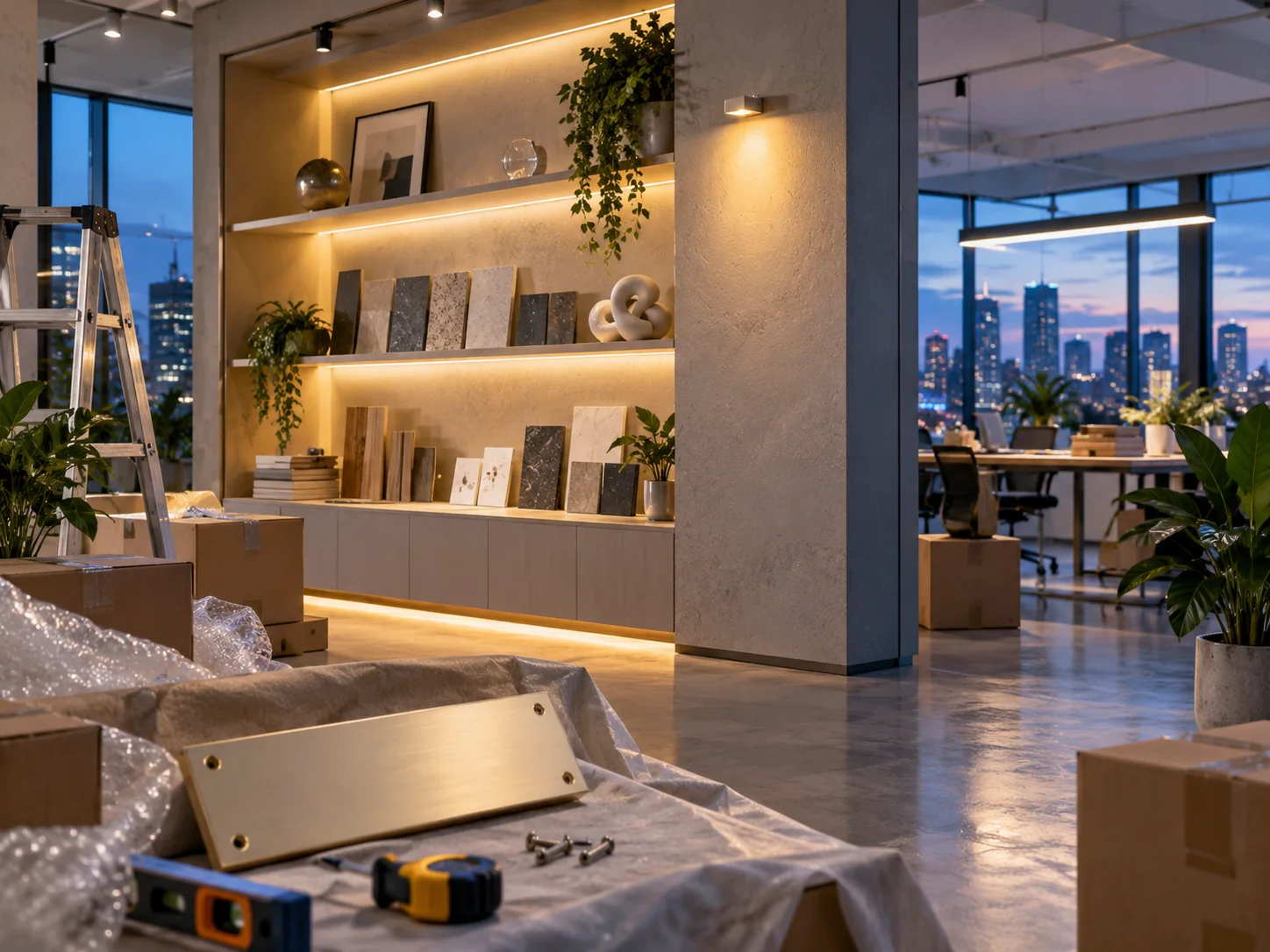 新工作室的样品展示墙刚布置好，未安装的空白门牌与工具放在前景，表达搬迁更新