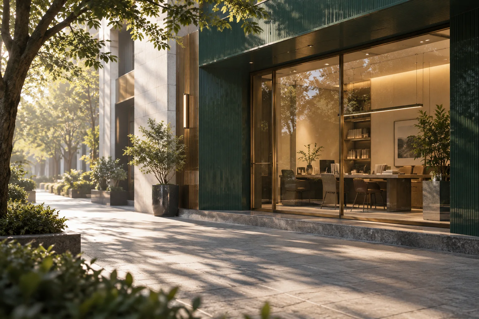 晨间商业建筑的侧立面,精心布置的橱窗成为小范围暖色焦点,前景树影与材质细节丰富
