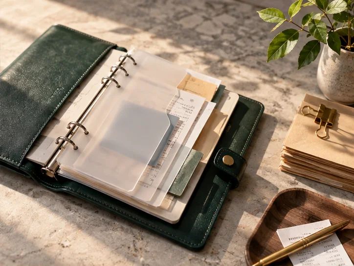 皮革册页、半透明凭证隔页和少量实物产品标签，表现业务记录与核算之间的联系