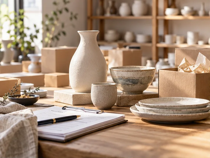 产品设计工作室的陶瓷和包装样品，旁边只有少量业务记录，账务支持产品经营的关系明确