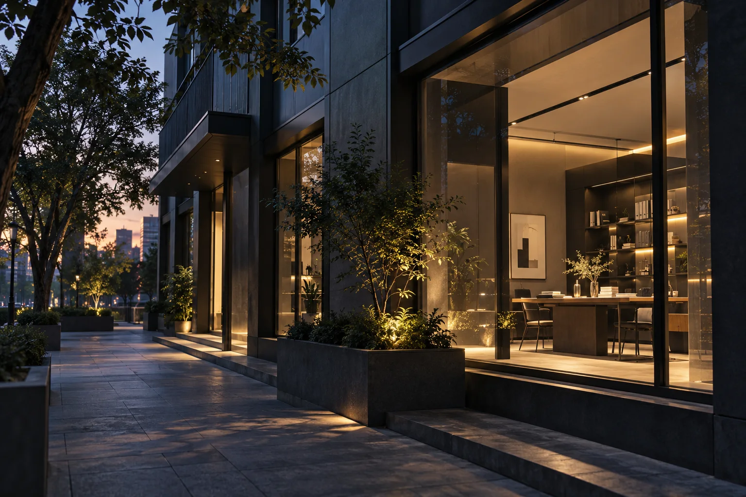晨间商业建筑的侧立面,精心布置的橱窗成为小范围暖色焦点,前景树影与材质细节丰富