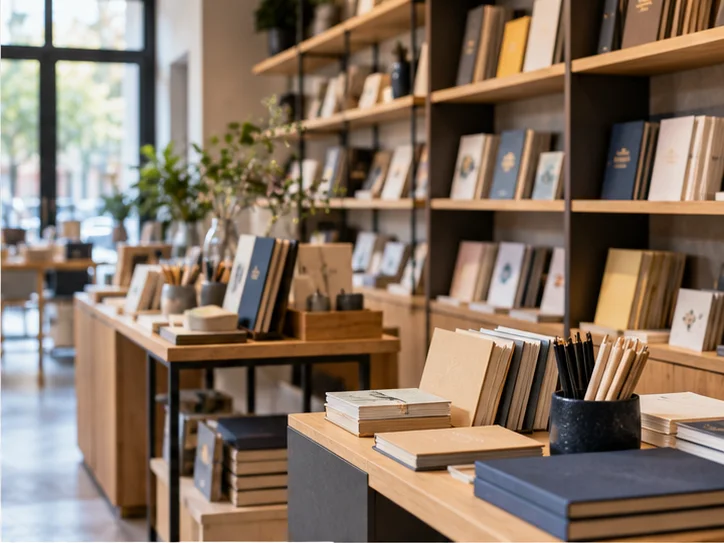 小型图书与文创门店的货架和包装区,书脊无可读文字,表现经营条件准备