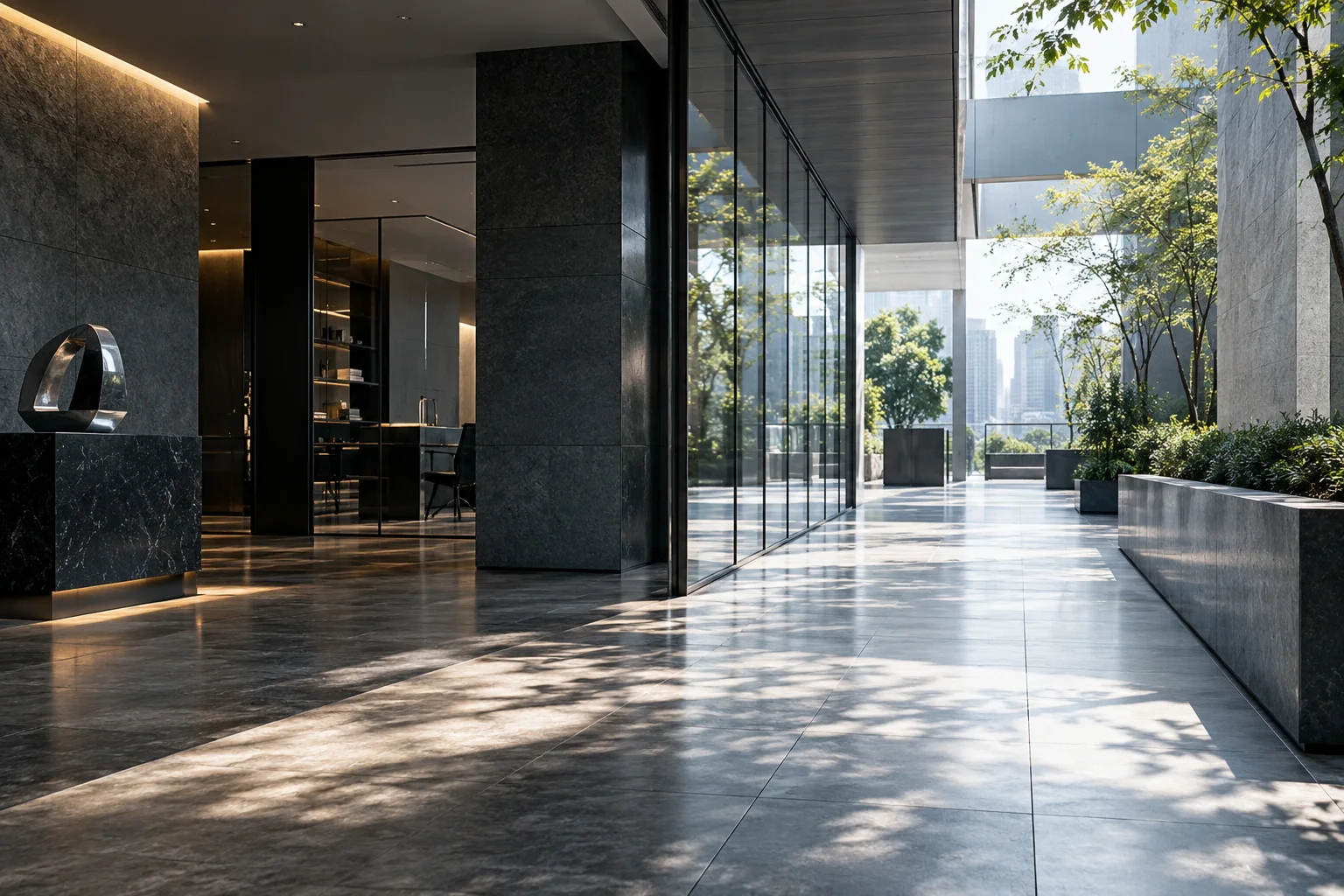 新旧两段建筑空间在一条自然采光走廊相接,玻璃和石材接缝清楚,表达经营变化的衔接