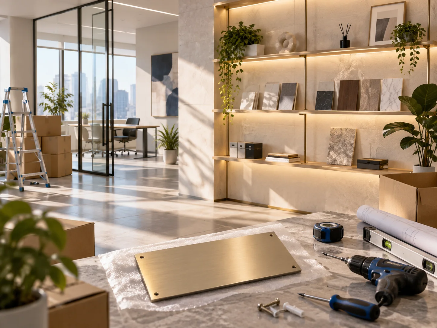 新工作室的样品展示墙刚布置好,未安装的空白门牌与工具放在前景,表达搬迁更新