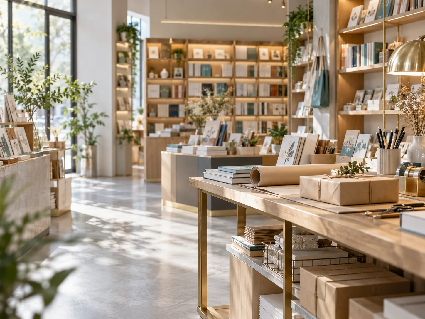 小型图书与文创门店的货架和包装区，书脊无可读文字，表现经营条件准备