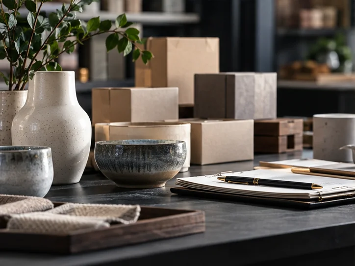 产品设计工作室的陶瓷和包装样品,旁边只有少量业务记录,账务支持产品经营的关系明确