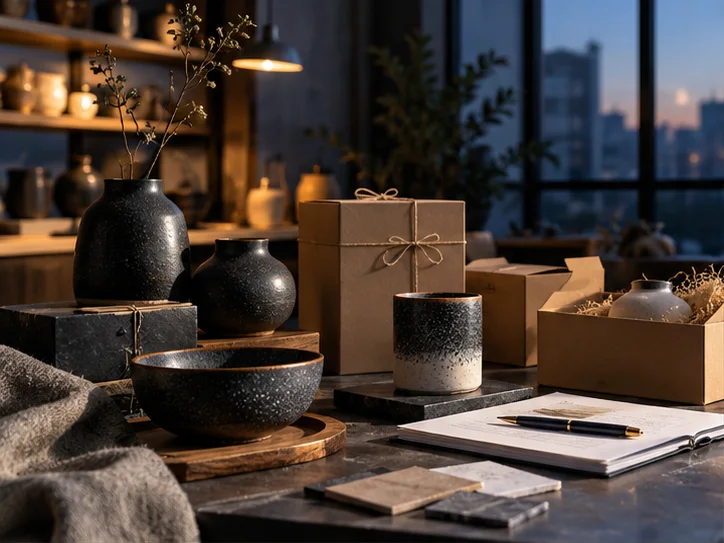 产品设计工作室的陶瓷和包装样品，旁边只有少量业务记录，账务支持产品经营的关系明确