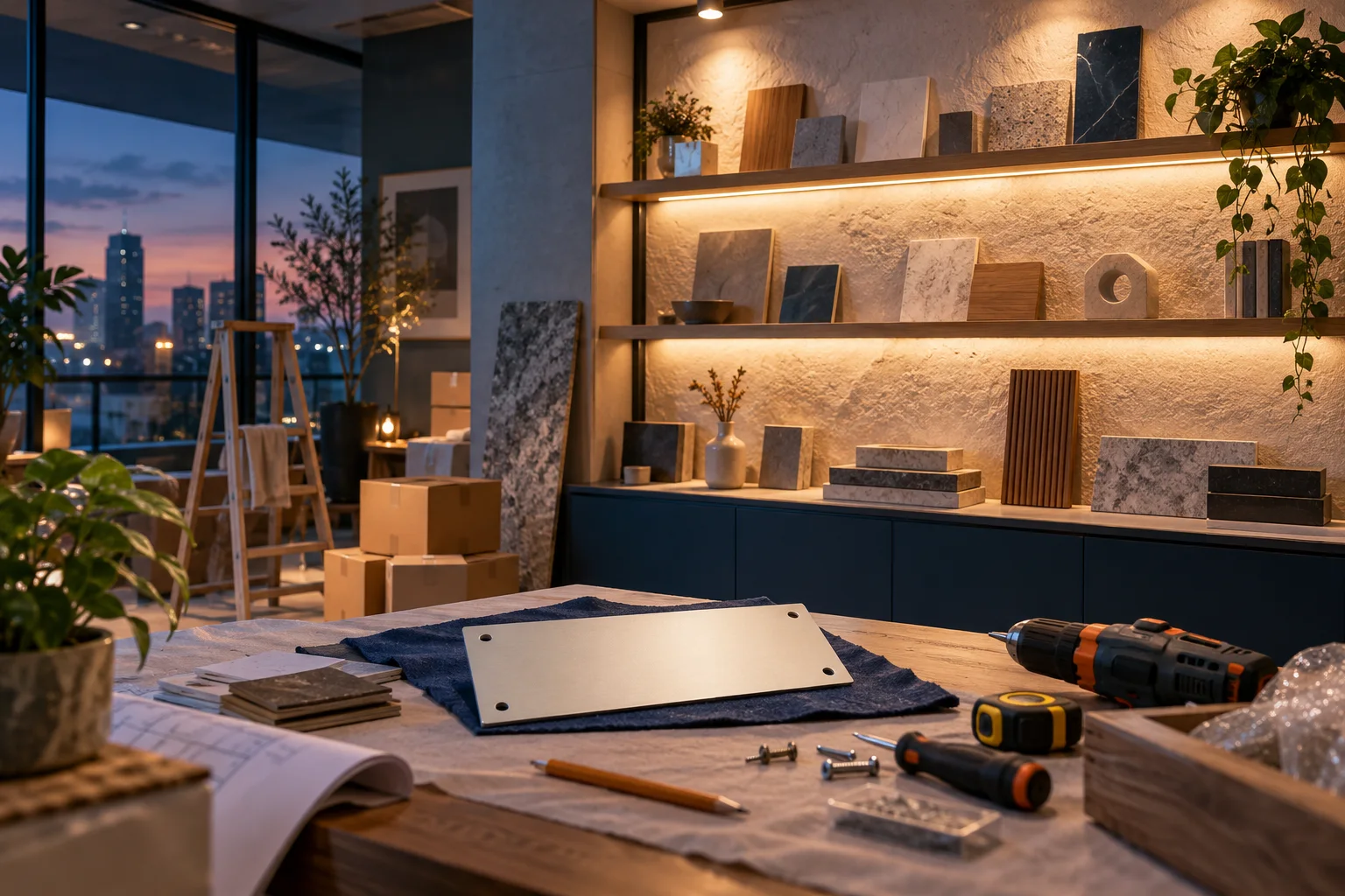 新工作室的样品展示墙刚布置好，未安装的空白门牌与工具放在前景，表达搬迁更新