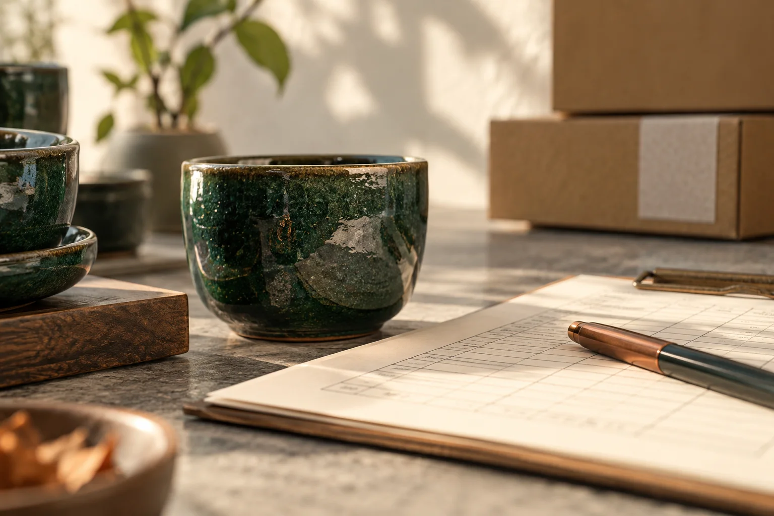 产品样品的纹理与对应记录卡的纸张纤维同时入焦，表现账务贴近真实业务