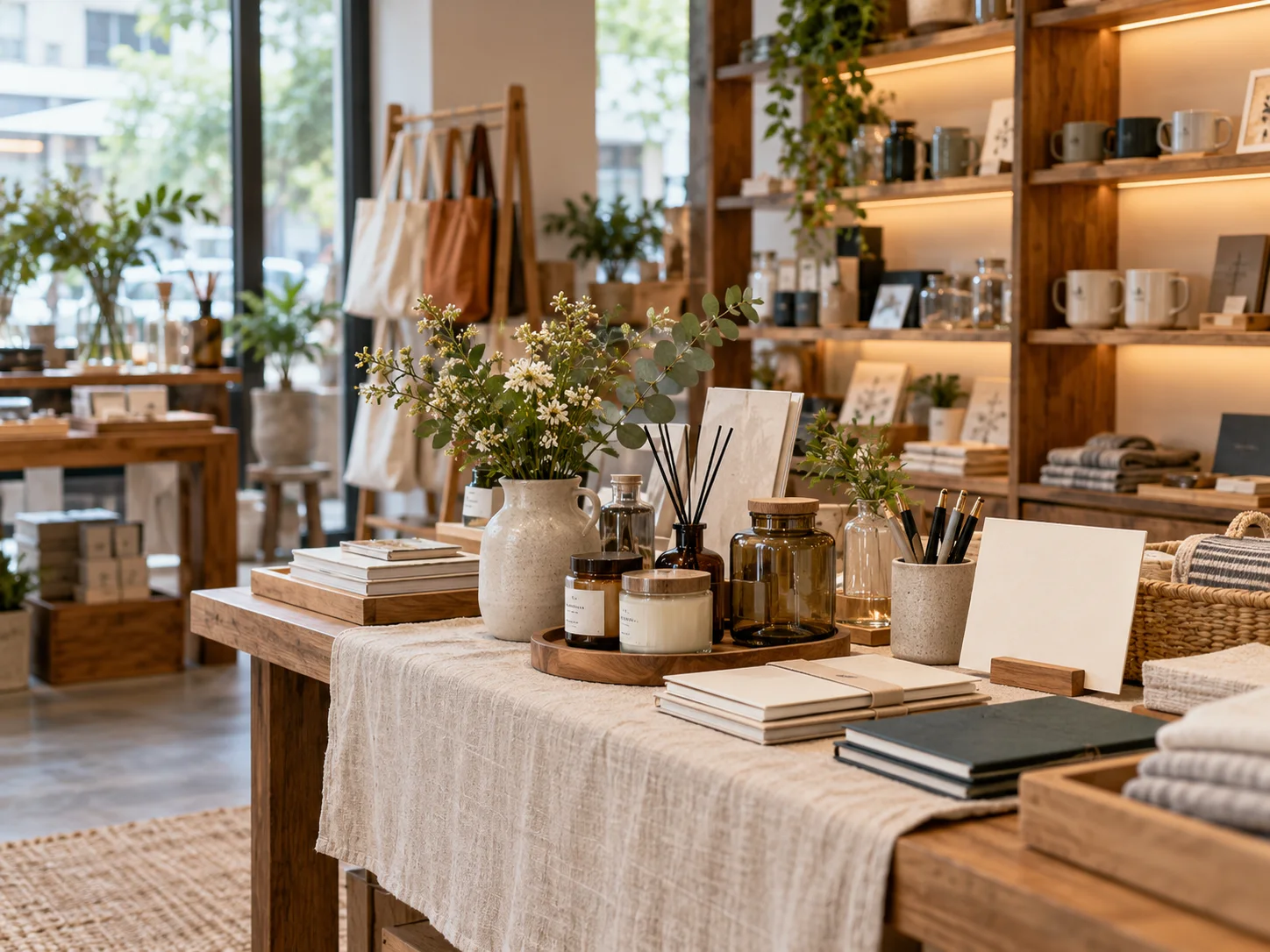 精致小型零售空间的陈列架、产品和空白订单卡，前后景有层次