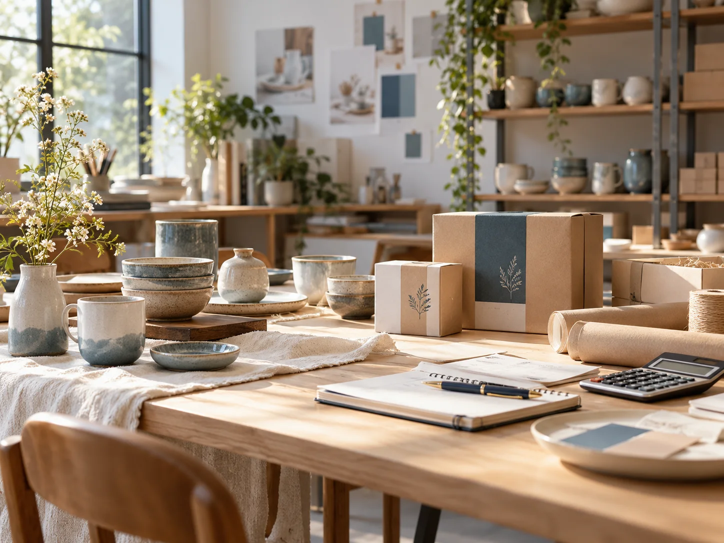 产品设计工作室的陶瓷和包装样品,旁边只有少量业务记录,账务支持产品经营的关系明确