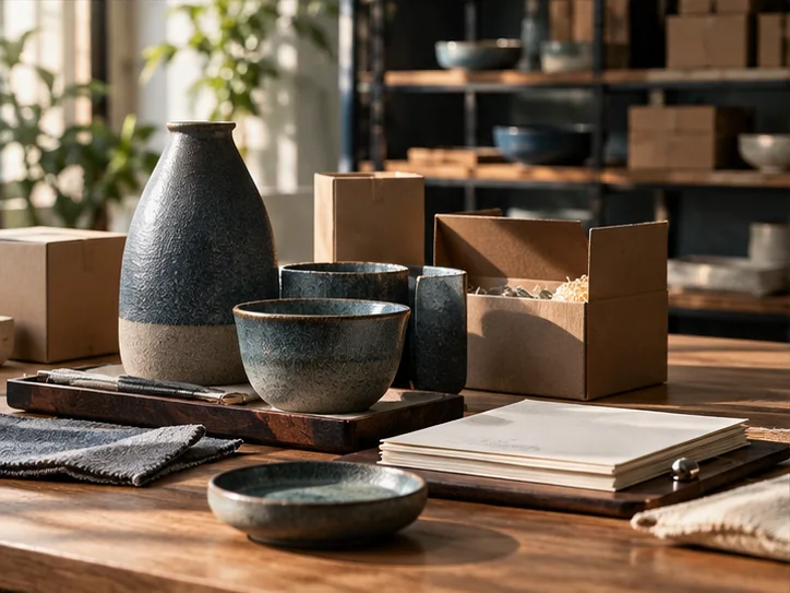 产品设计工作室的陶瓷和包装样品,旁边只有少量业务记录,账务支持产品经营的关系明确