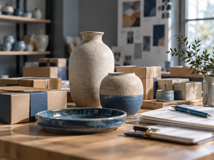 产品设计工作室的陶瓷和包装样品,旁边只有少量业务记录,账务支持产品经营的关系明确