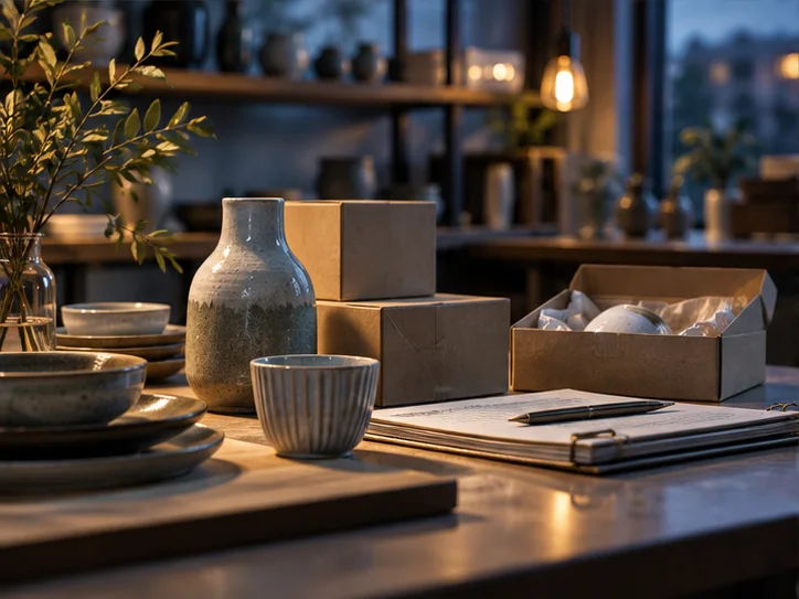 产品设计工作室的陶瓷和包装样品，旁边只有少量业务记录，账务支持产品经营的关系明确