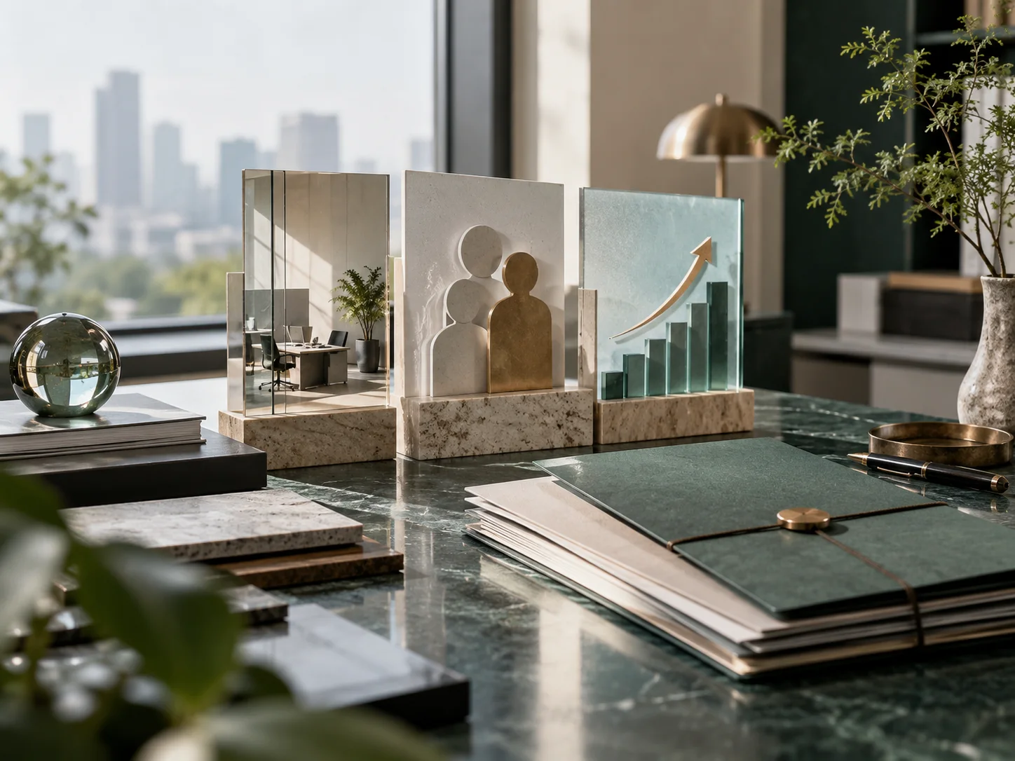 一组实体名称牌、空间模型材质片和档案封套被重新编排成完整关系，体现企业更新