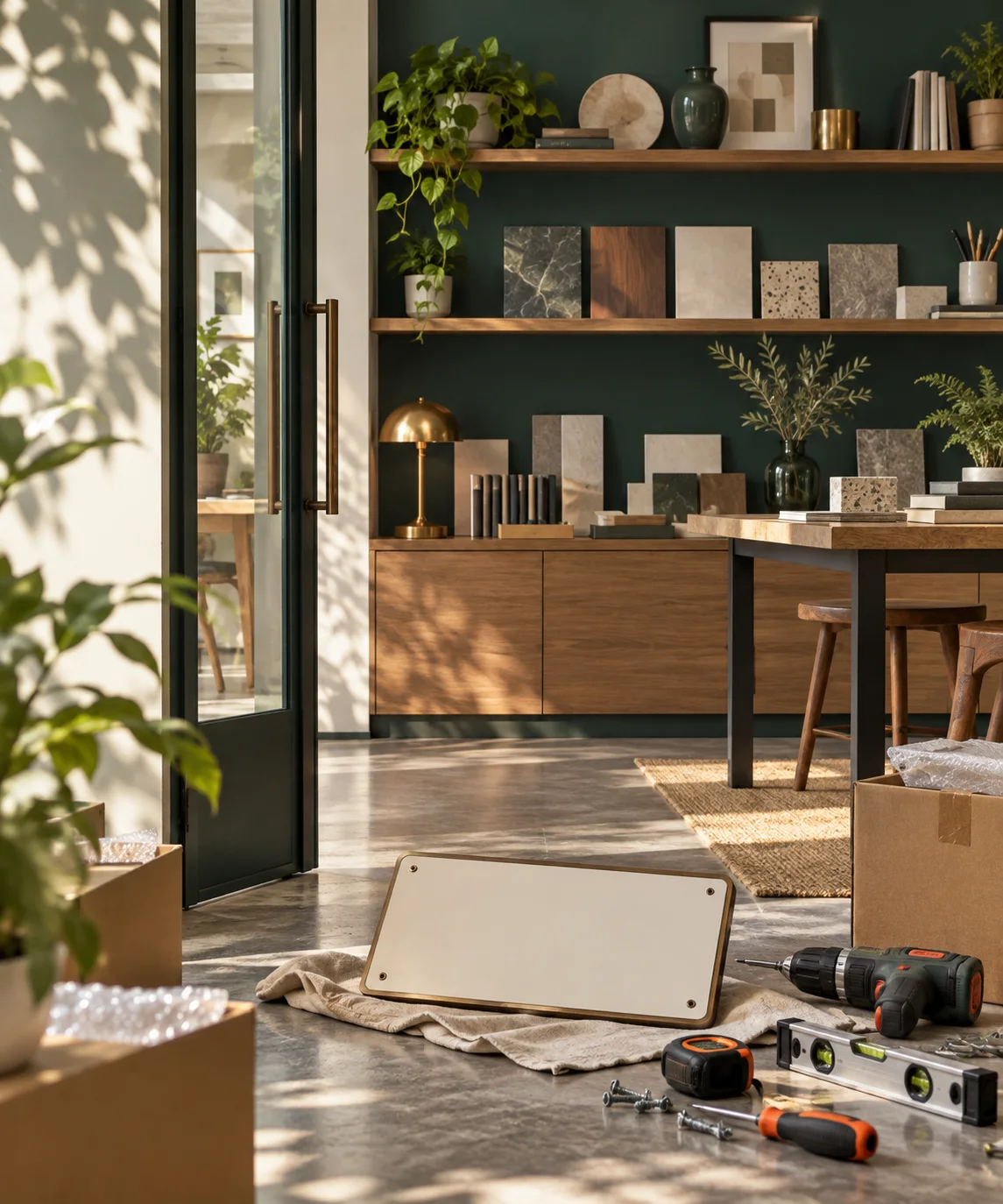 新工作室的样品展示墙刚布置好,未安装的空白门牌与工具放在前景,表达搬迁更新