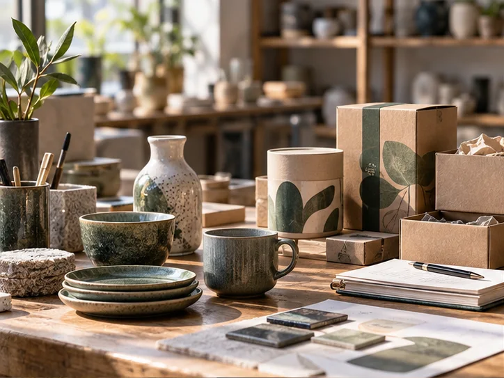 产品设计工作室的陶瓷和包装样品,旁边只有少量业务记录,账务支持产品经营的关系明确