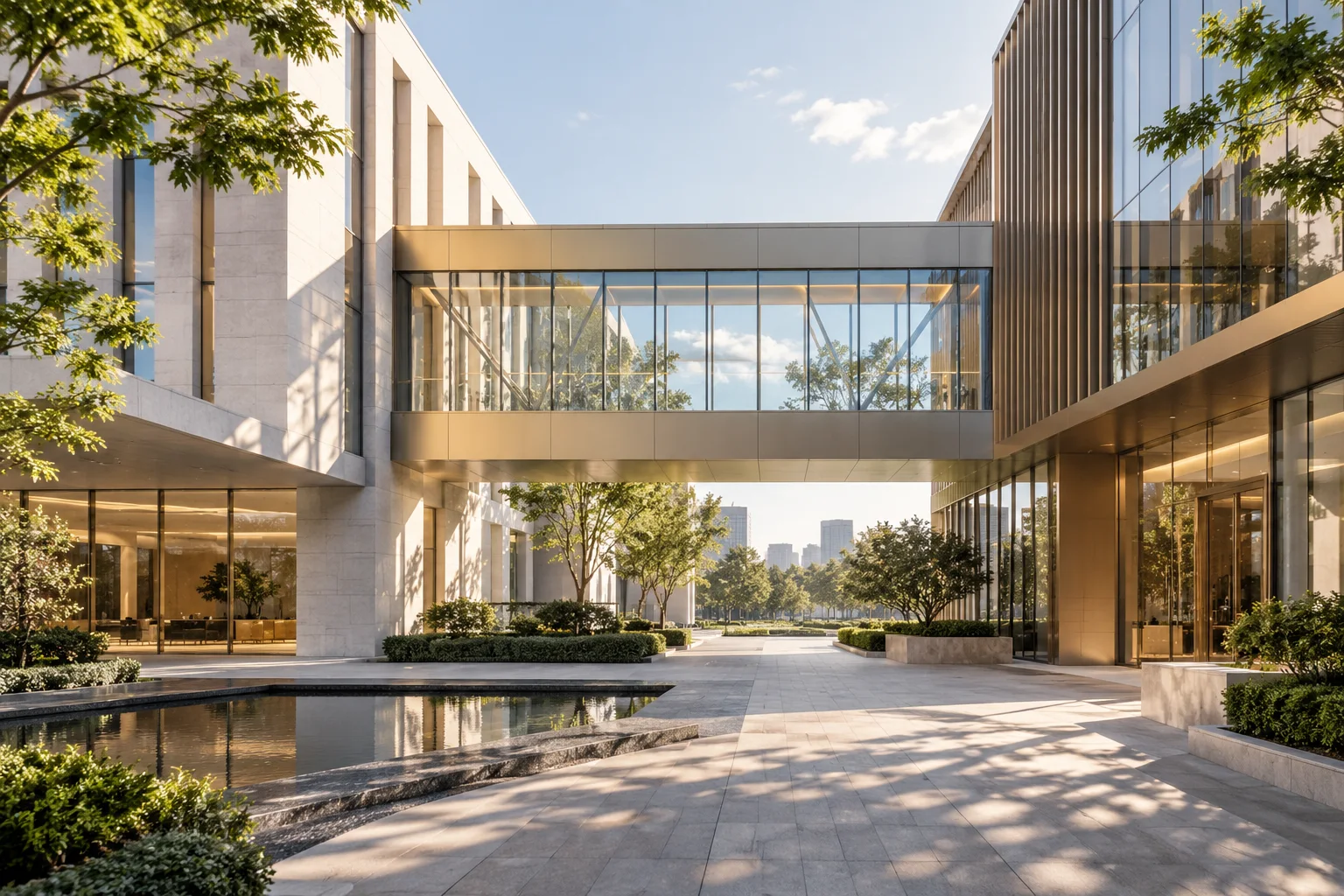 两翼不同材质的建筑通过通透廊桥相连,体量真实克制,以空间关系表达调整与协同