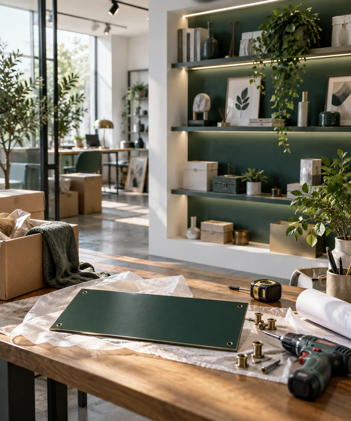 新工作室的样品展示墙刚布置好，未安装的空白门牌与工具放在前景，表达搬迁更新