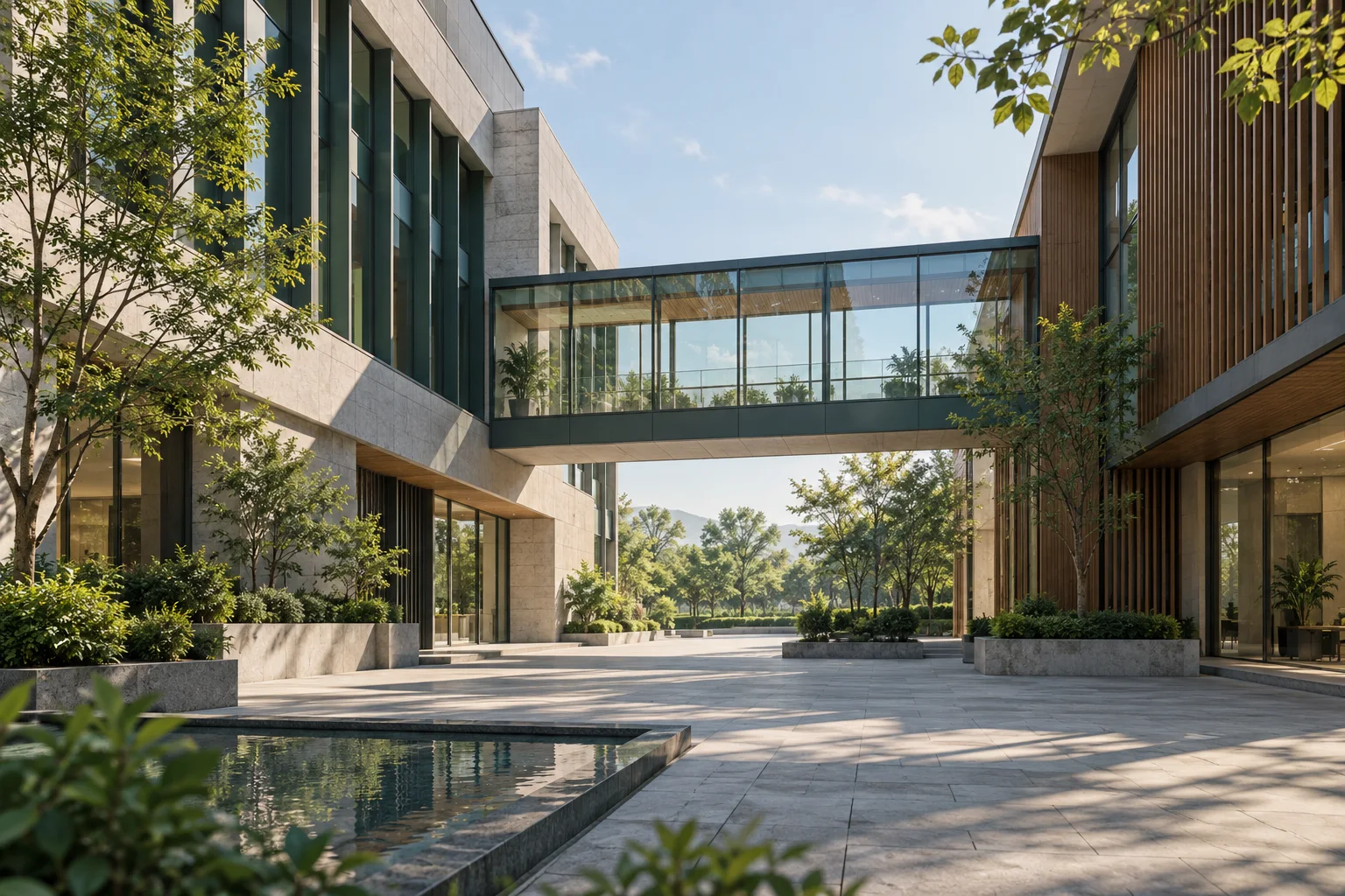 两翼不同材质的建筑通过通透廊桥相连,体量真实克制,以空间关系表达调整与协同