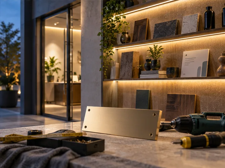 新工作室的样品展示墙刚布置好，未安装的空白门牌与工具放在前景，表达搬迁更新